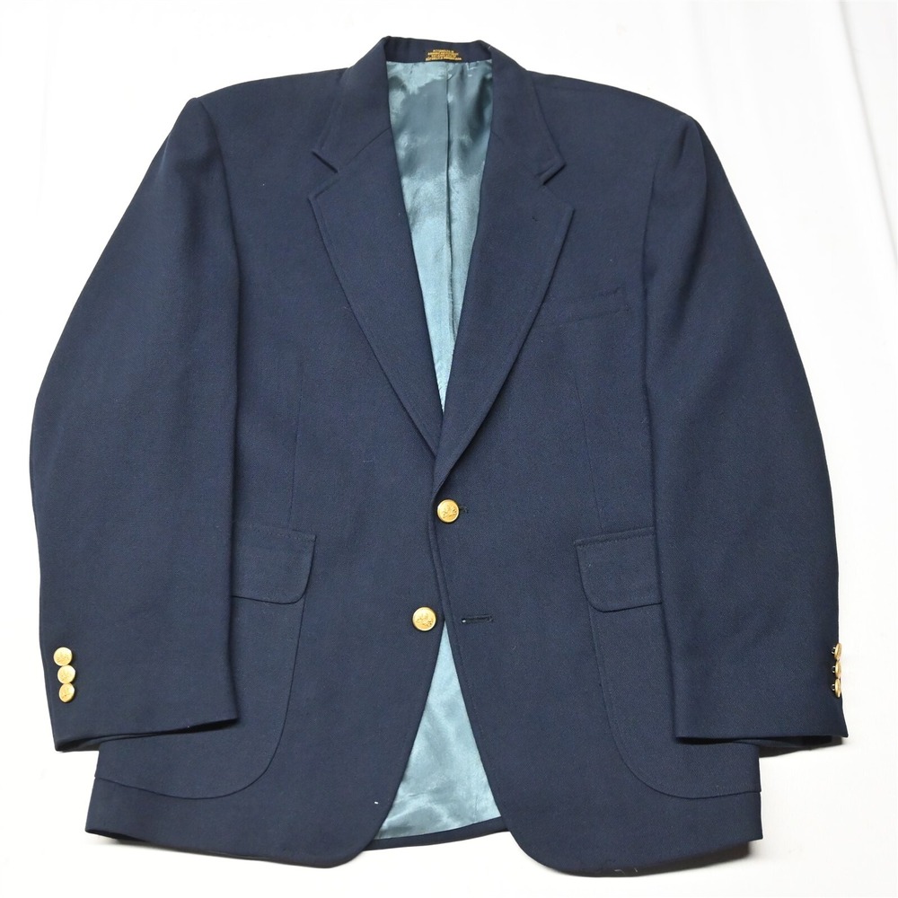 Vtg Stafford 40S Navy Blue Hopsack Gold Button Wool Blazer Jacket Sport Coat